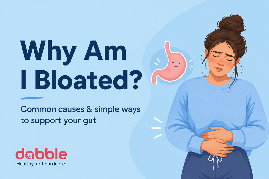 Woman holding her stomach with the headline "Why Am I Bloated?" on a blue background.